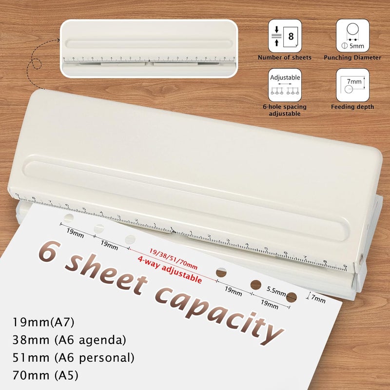 Zofly Metal Adjustable 6 Hole Punch for A5 A6 A7 Binders/Planners, Paper Hole Puncher 6 Ring with Guide Rule, 6 Sheet Capacity, Heavy Duty 6 Hole Punch for Binder/Agenda/Notebook/Bookbinding DIY (Off White) - Image 2